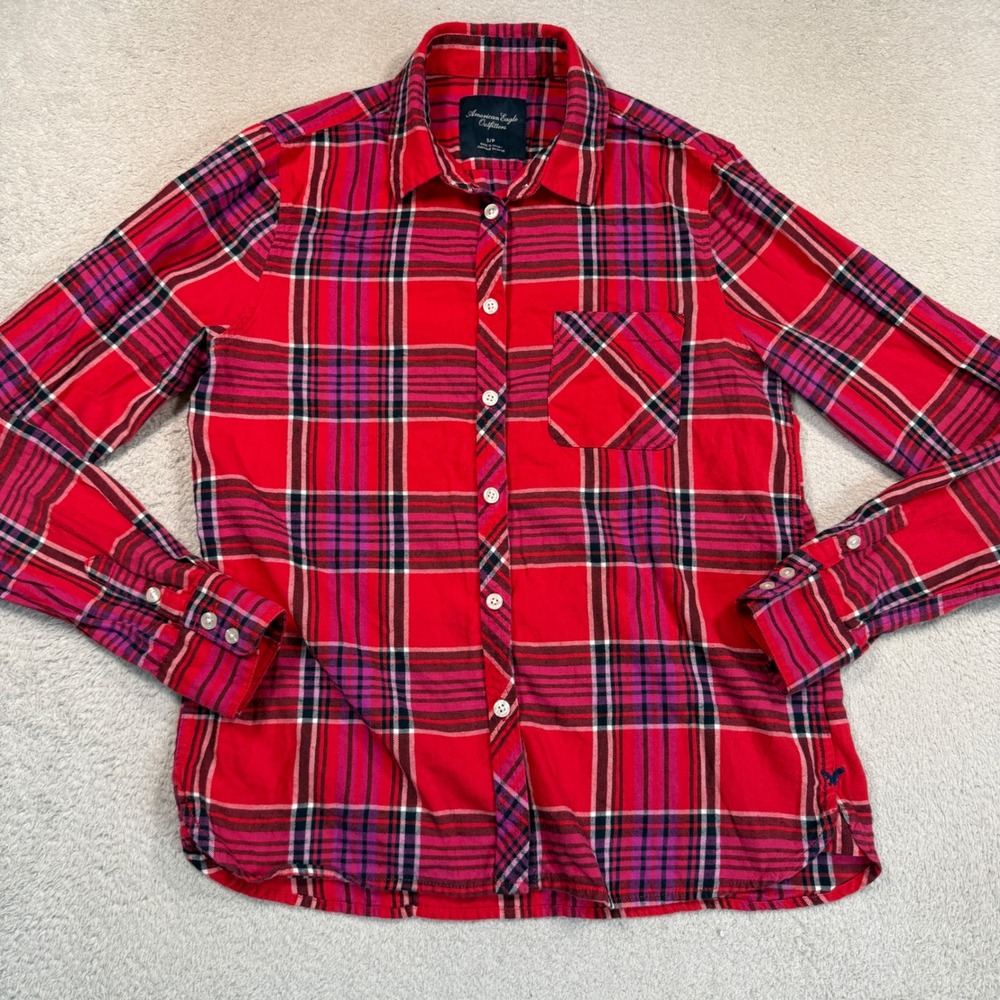 American Eagle Flannel Shirt Womens S Red Plaid Cotton Long Sleeve Top